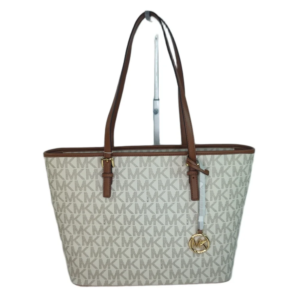 Michael Kors Quinn Large Signature Logo and Leather Tote - Vanilla/Acorn - NWOT